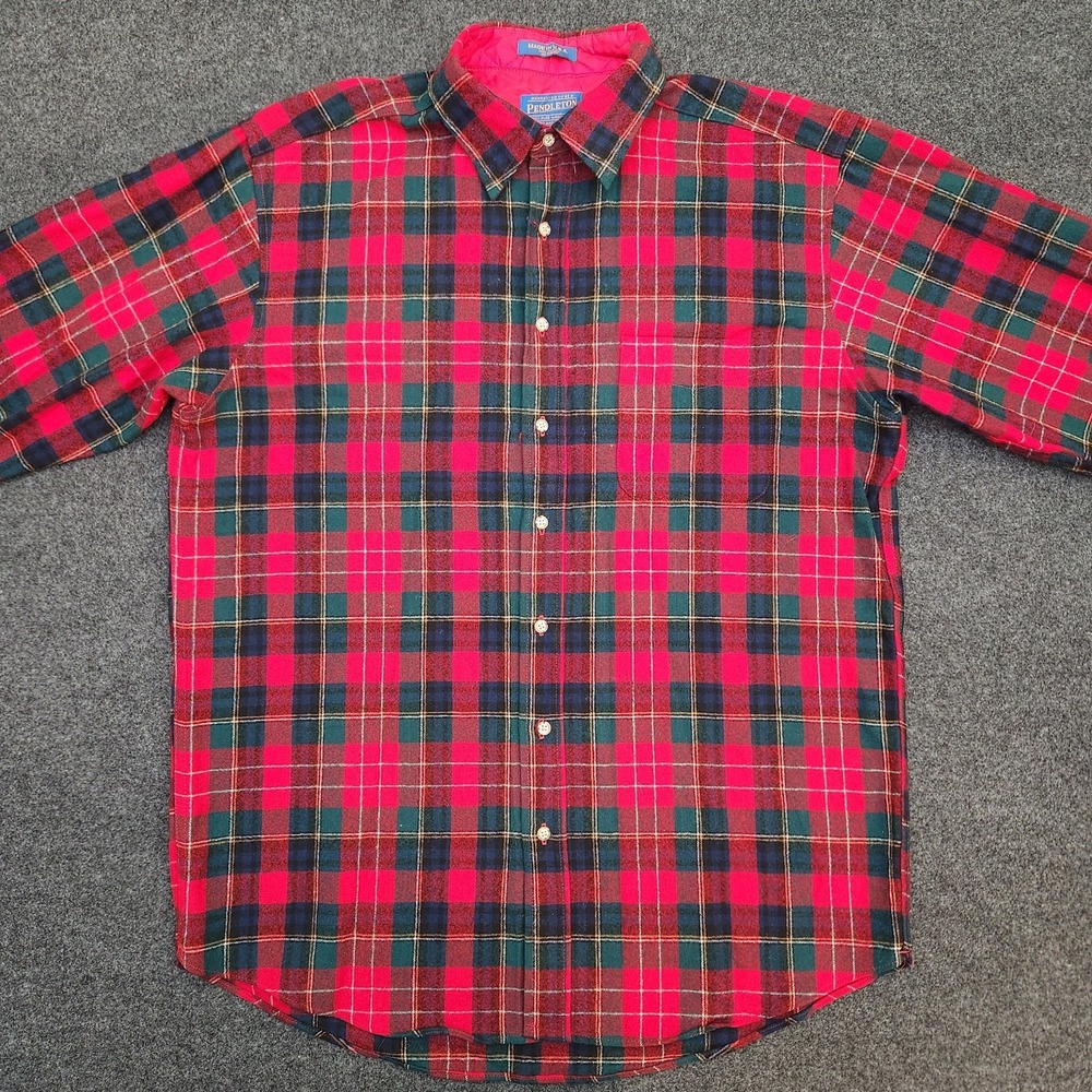 Pendleton Mens Large Long Red Plaid 100% Virgin Wool Button Shirt USA Vintage